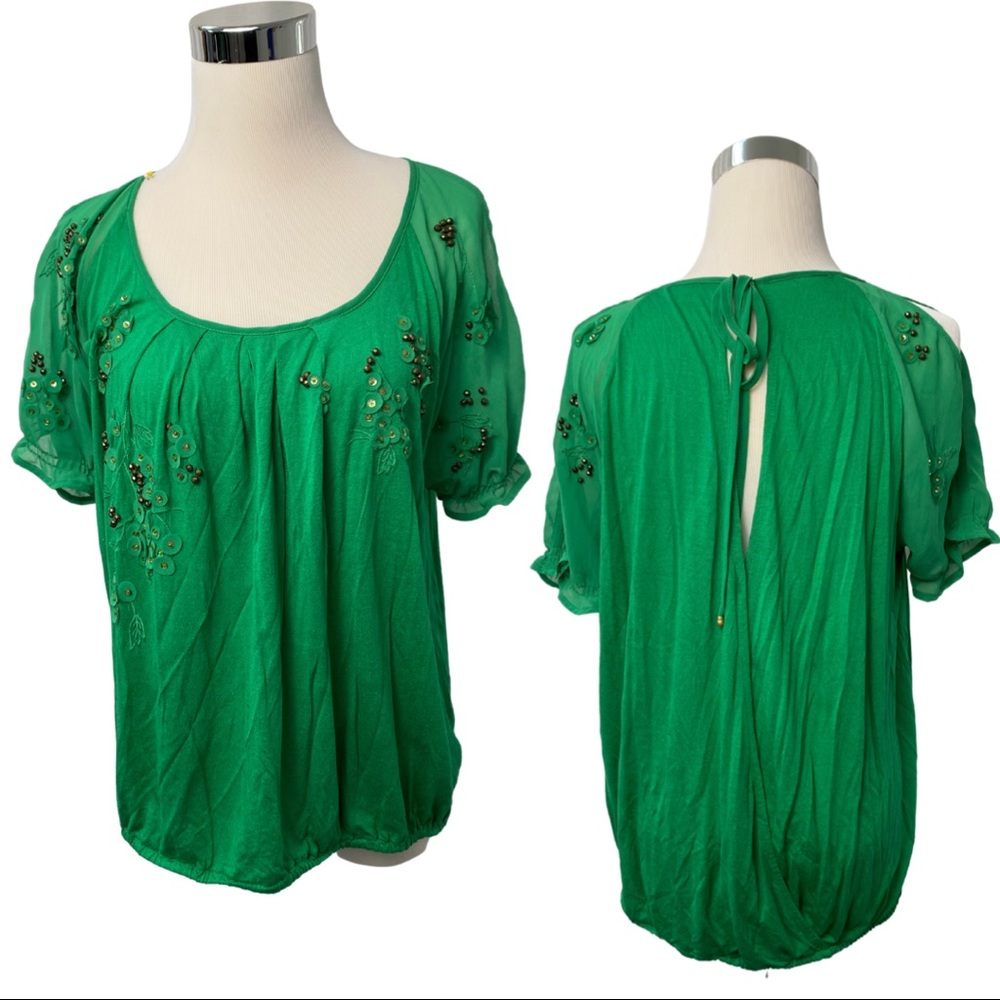 Anthropologie Leifnotes Green Floral Blouse Top Size M Boho